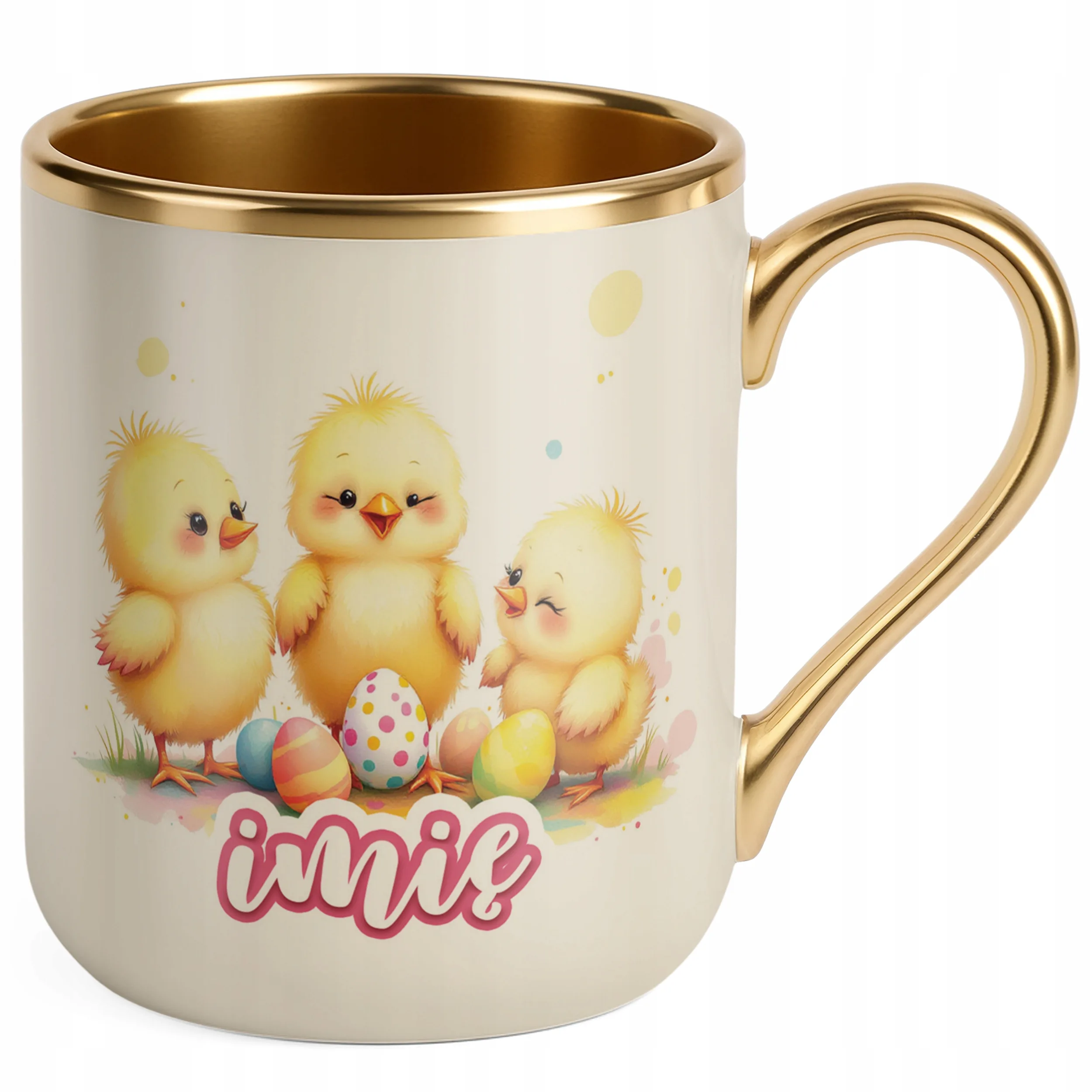 Kubek Premium Złoty Ecru Personalizowany Wielkanoc Kurczaki Pisanki