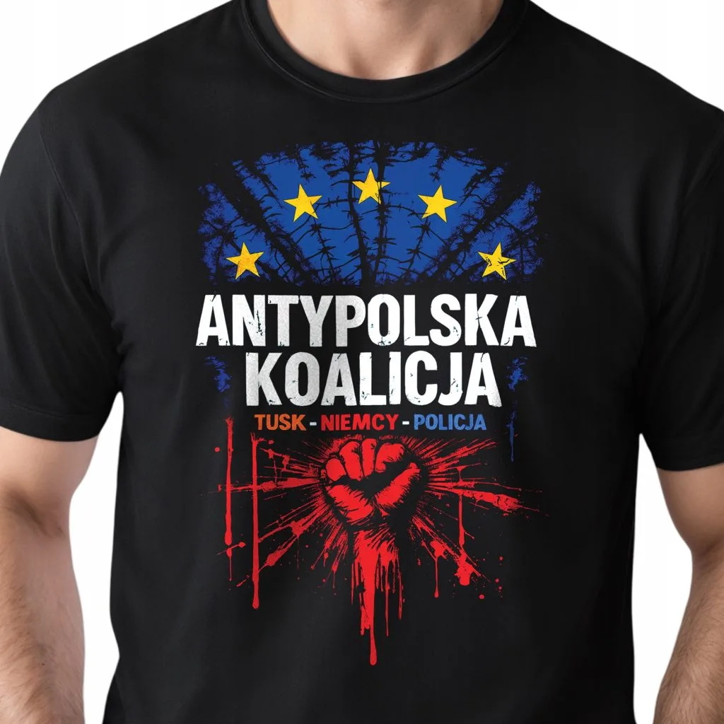 Koszulka czarna męska Antypolska Koalicja Tusk Niemcy Policja r. 3XL