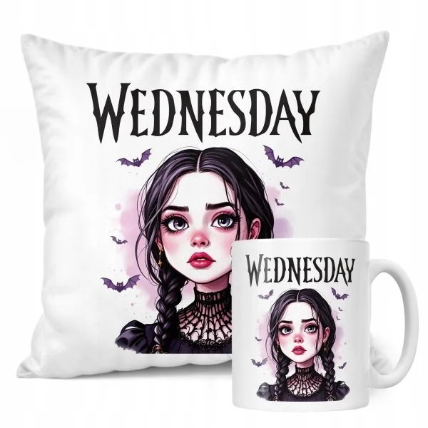 Zestaw Kubek + Poduszka Nevermore Wednesday Addams Dla Fanów Prezent
