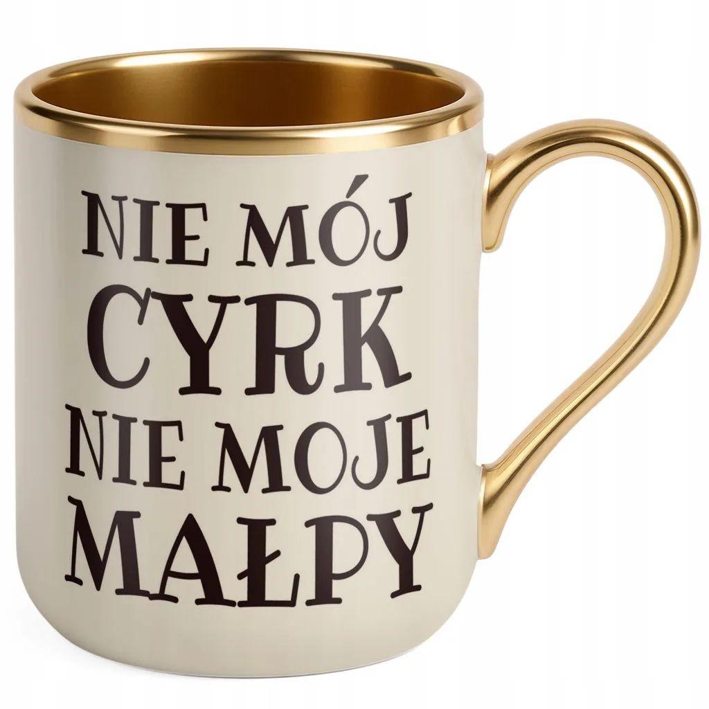 Kubek Premium Złoty Ecru Nie Mój Cyrk Nie Moje Małpy Prezent