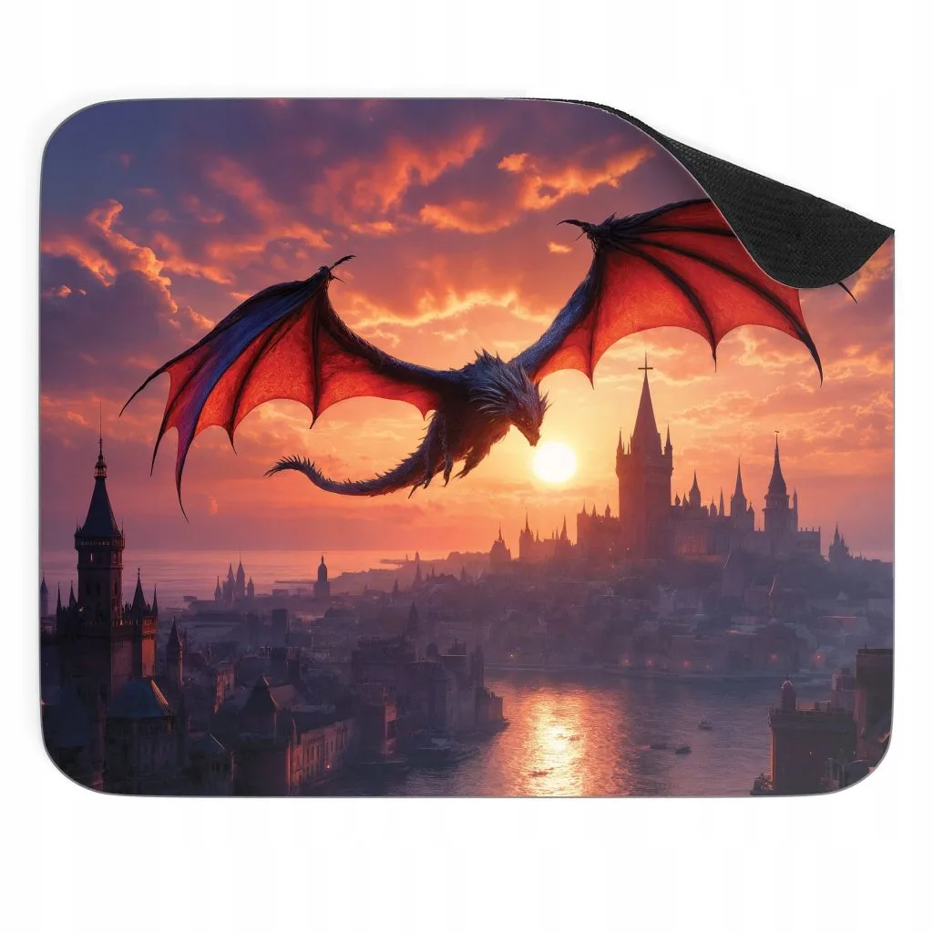 Podkładka pod mysz 22×18 cm Smok Miasto Zachód Słońca