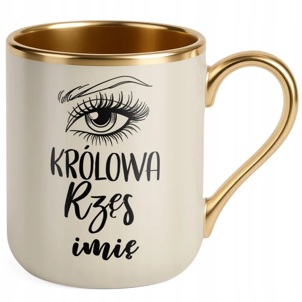Kubek Premium Złoty Ecru Personalizowany Królowa Rzęs Dla Stylistki