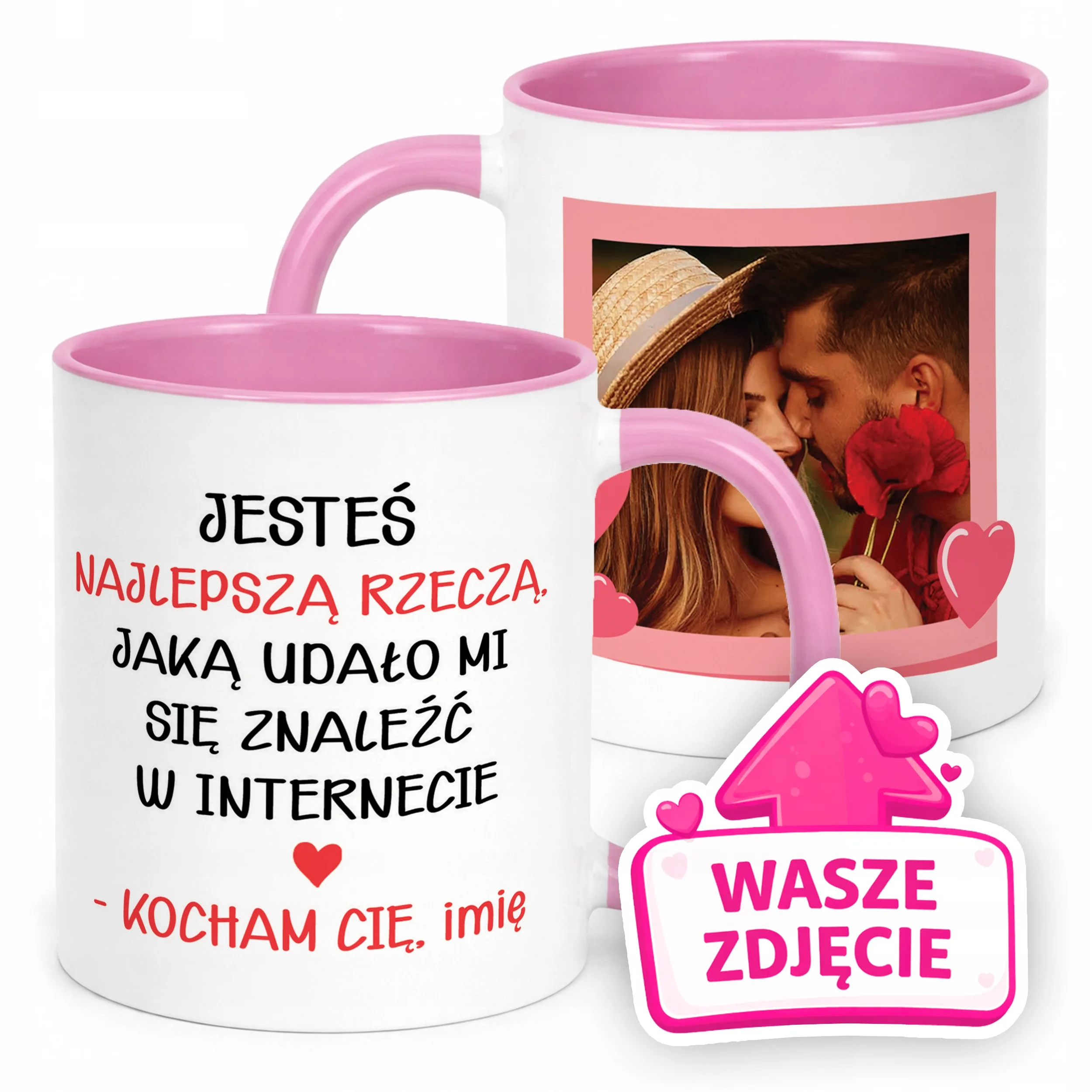 Kubek Różowy Z Własnym Zdjęciem Imionami Serce Walentynki Prezent