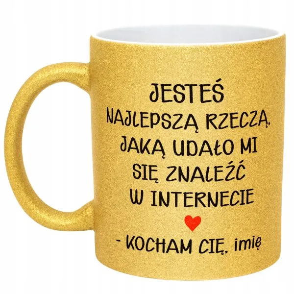 Złoty kubek brokatowy personalizowany Walentynki Prezent Upominek