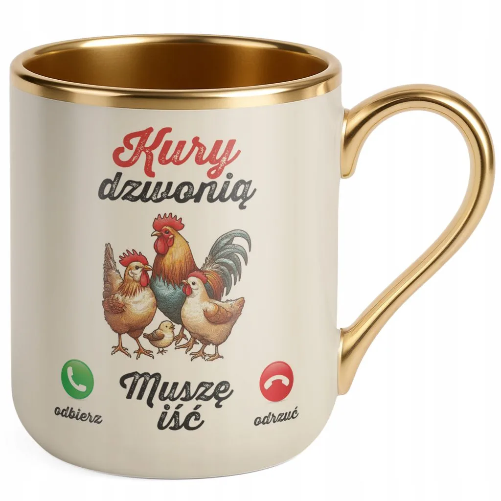 Kubek Premium Złoty Ecru Kury Dzwonią Dla Hodowcy Kur Rolnika Prezent