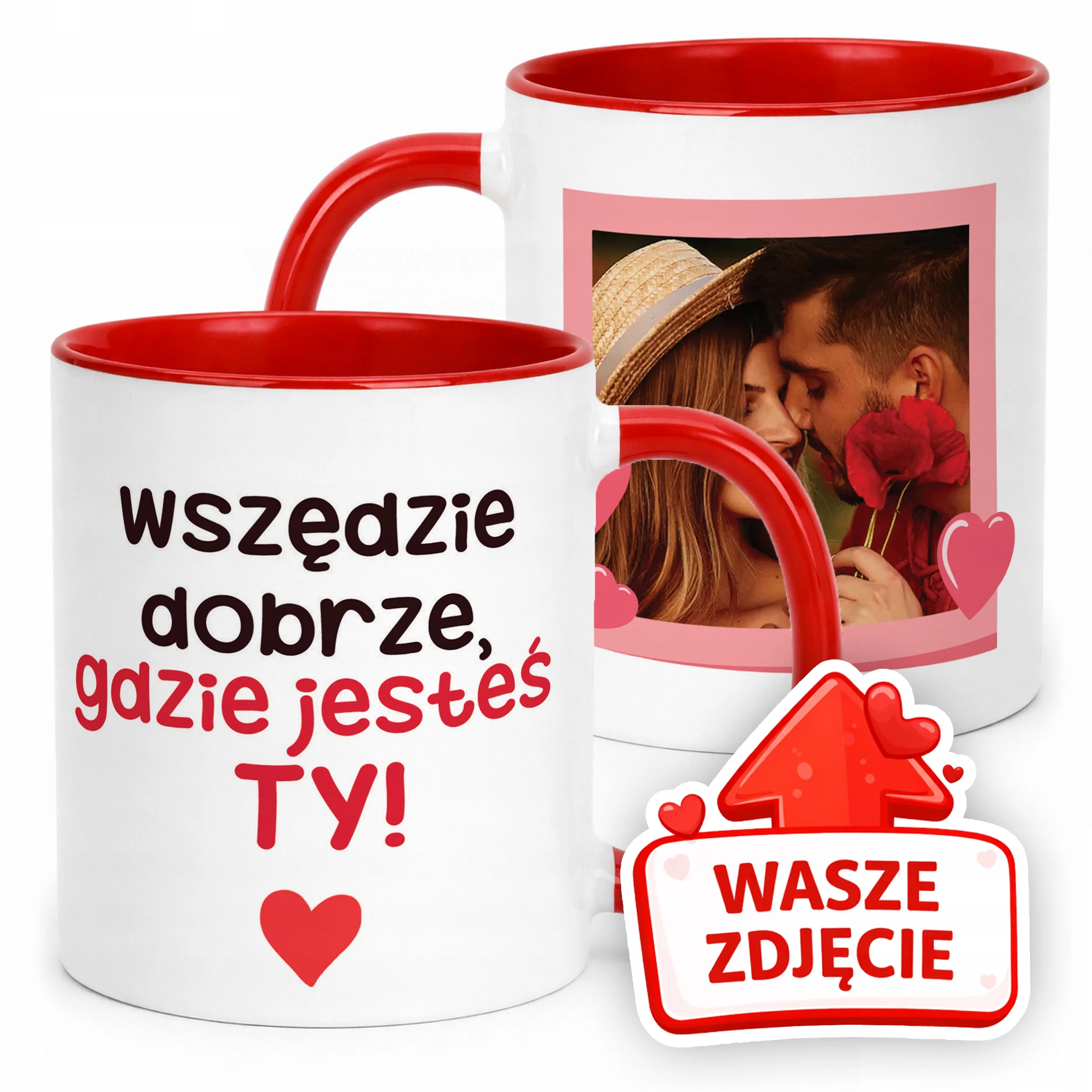 Kubek Czerwony Z Własnym Zdjęciem Serce Walentynki Prezent Upominek