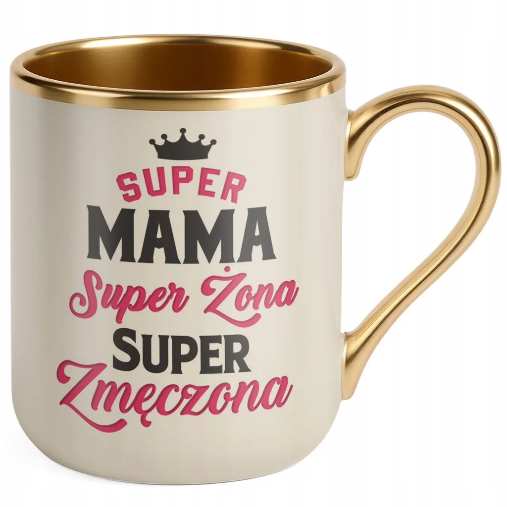 Kubek Premium Złoty Ecru Dzień Matki Dla Mamy Prezent Super Mama Żona