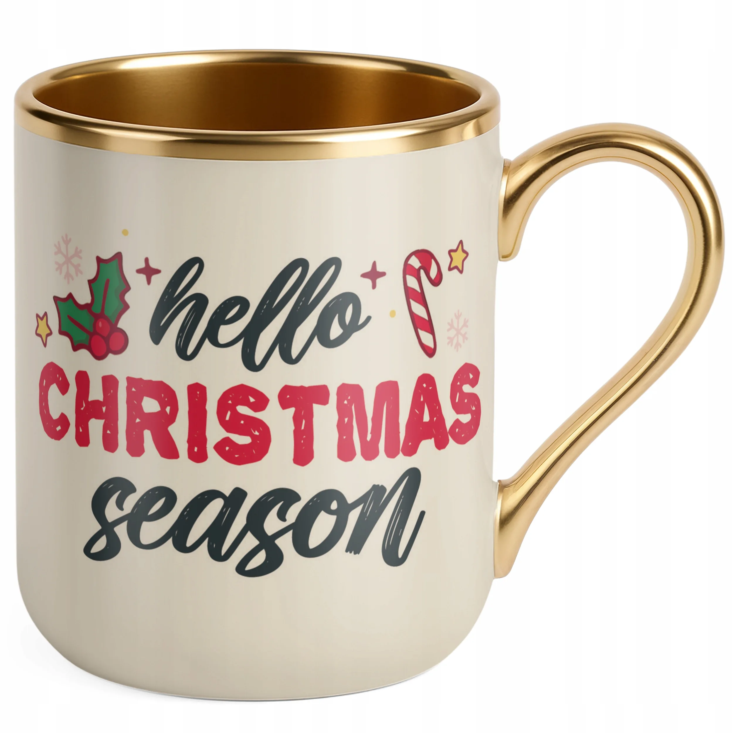Kubek Premium Złoty Ecru Świąteczny Hello Christmas Boże Narodzenie