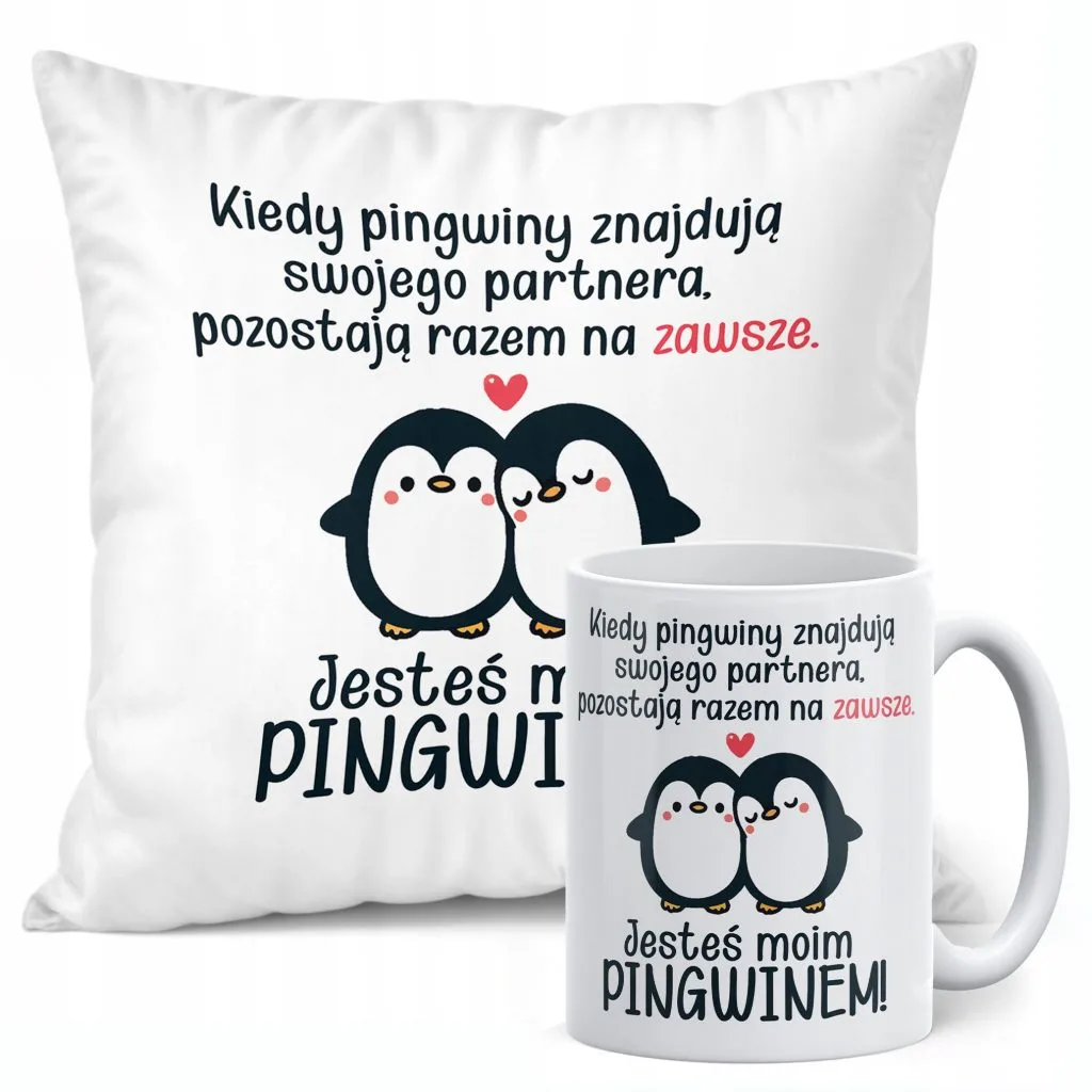 Zestaw Kubek + Poduszka 38×38 cm Walentynki Jesteś Moim Pingwinem Prezent