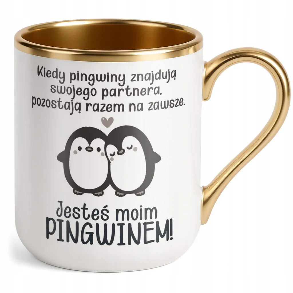Kubek Premium Złoty Jesteś Moim Pingwinem Walentynki Prezent