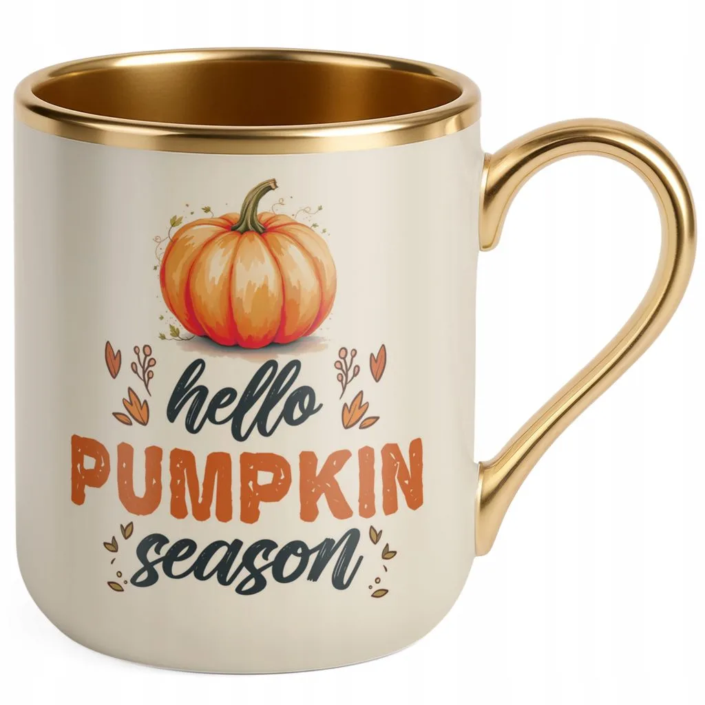 Kubek Premium Złoty Ecru Jesienny Jesień Hello Pumpkin Dynia Prezent