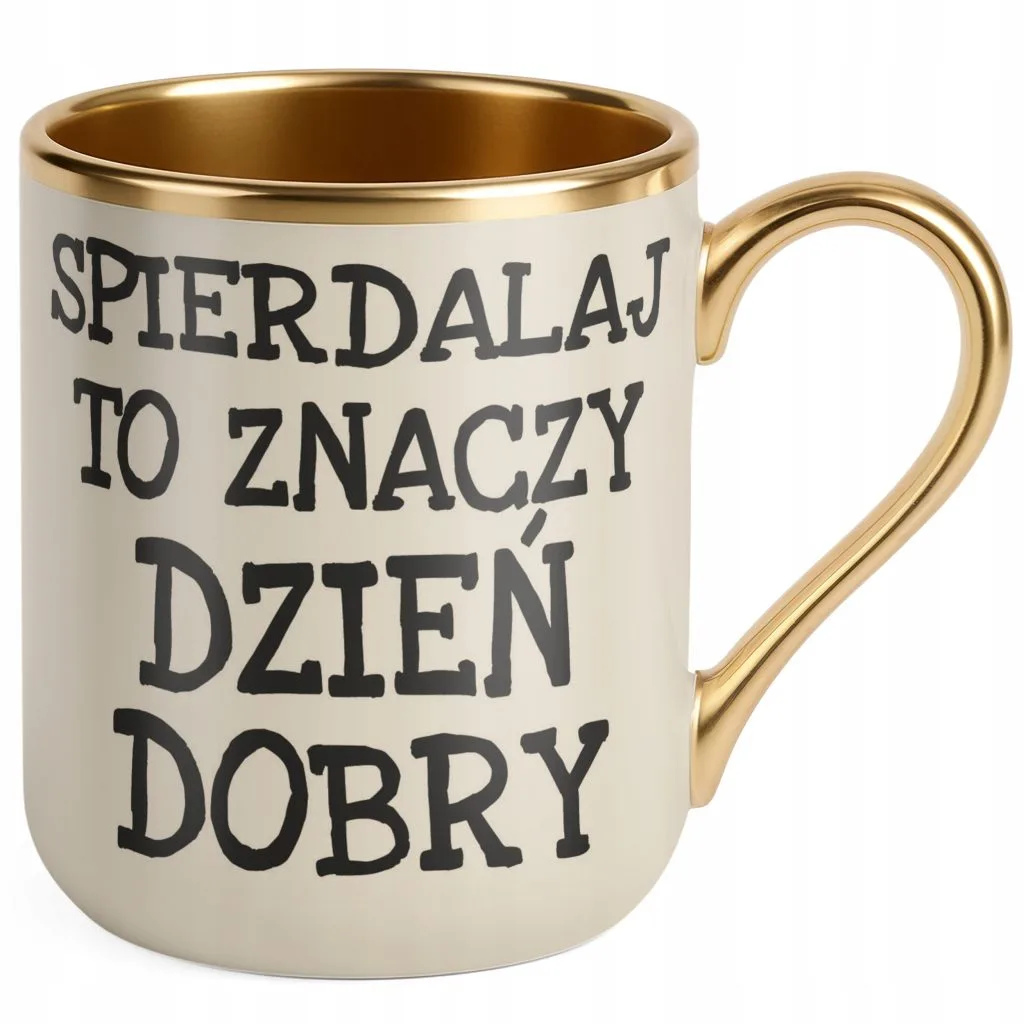 Kubek Premium Złoty Ecru Spier*** To Znaczy Dzień Dobry Zabawny Prezent