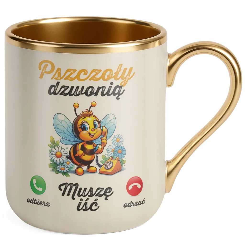 Kubek Premium Złoty Ecru Pszczoły Dzwonią Dla Pszczelarzy Prezent