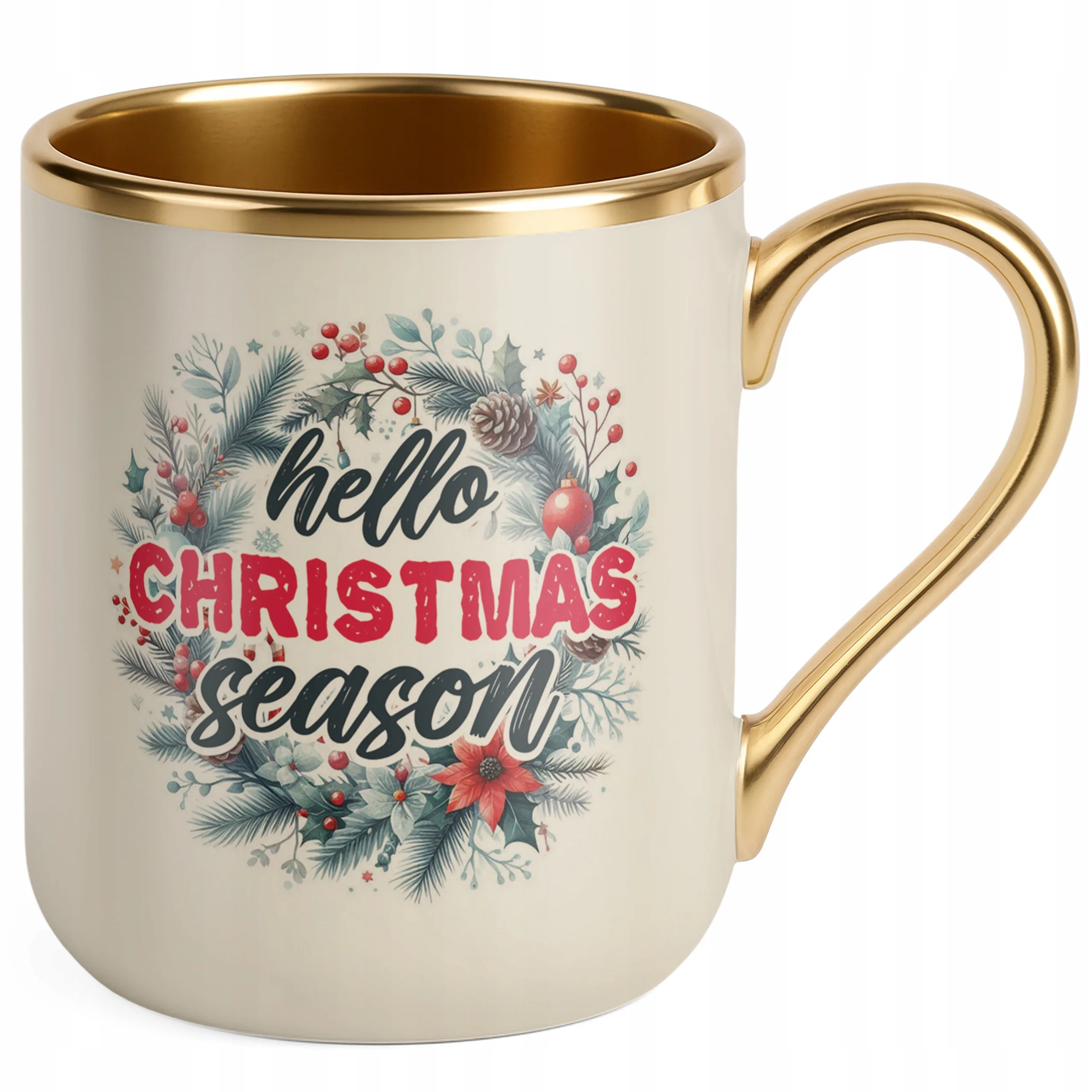 Kubek Premium Złoty Ecru Świąteczny Hello Christmas Boże Narodzenie