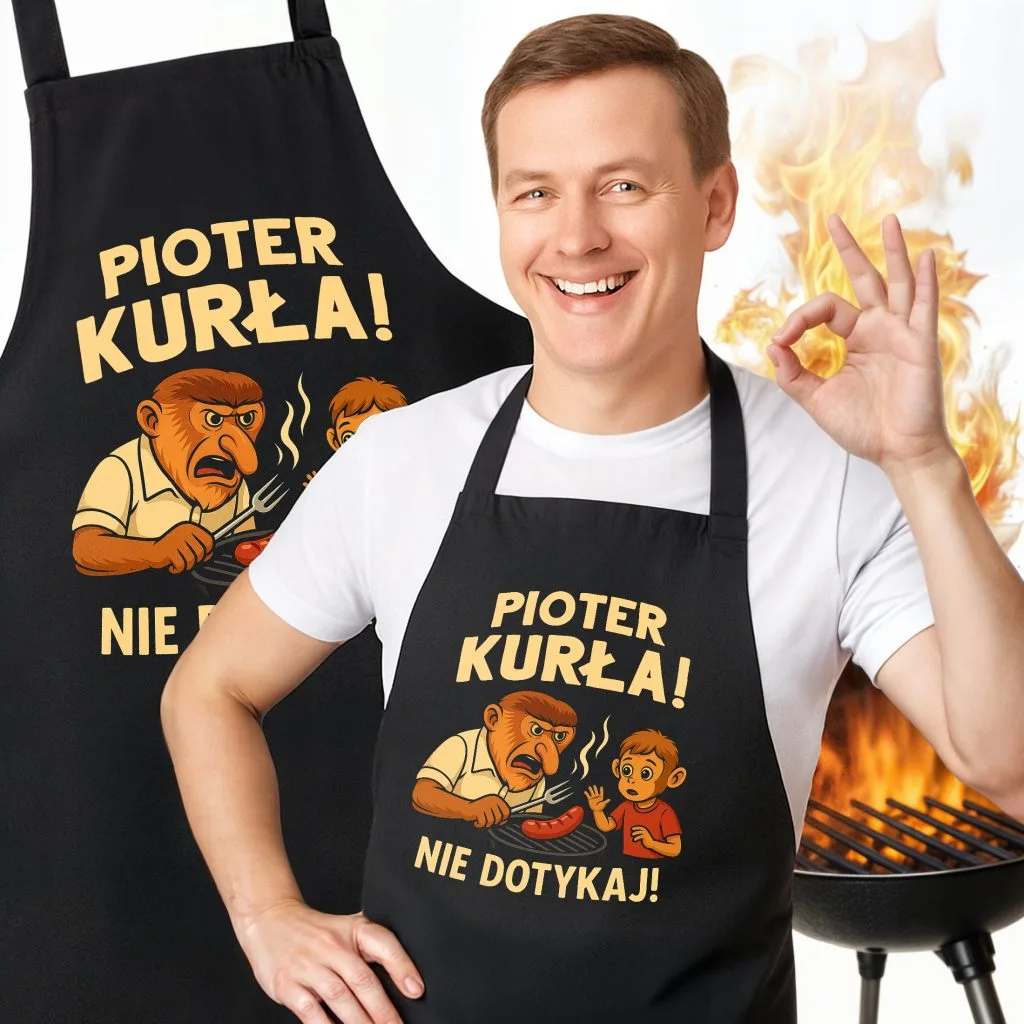 Bawełniany Czarny Fartuch Kuchenny Pioter Kurła Fartuszek Z Nadrukiem