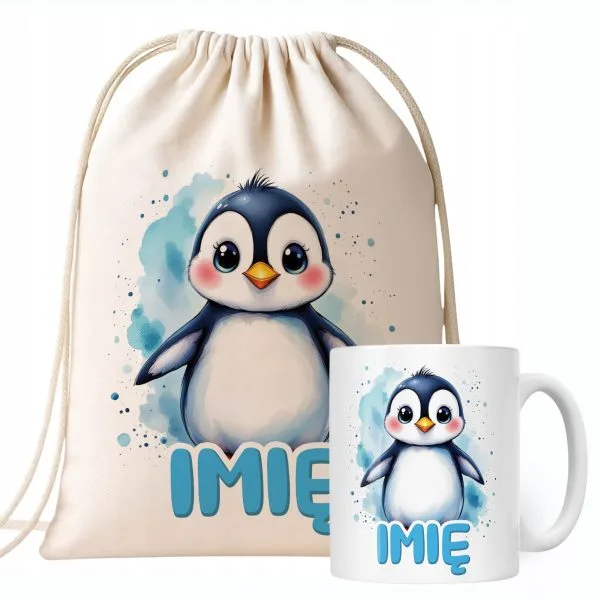 Zestaw personalizowany Kubek + Plecak Pingwin Zwierzak Słodki Prezent