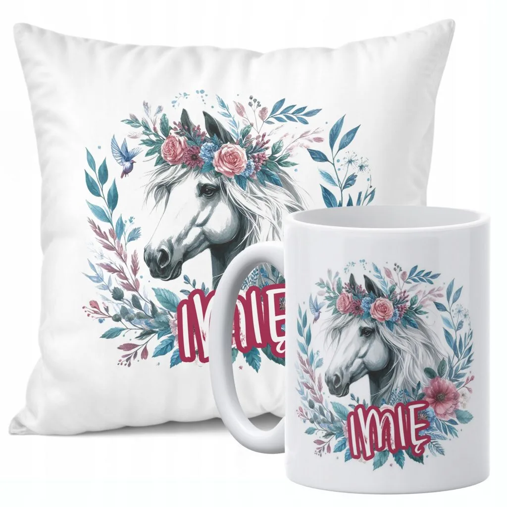 Zestaw Personalizowany Kubek + Poduszka 38×38 cm Z Imieniem Z Koniem Koń
