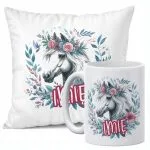 Zestaw Personalizowany Kubek + Poduszka 38×38 cm Z Imieniem Z Koniem Koń