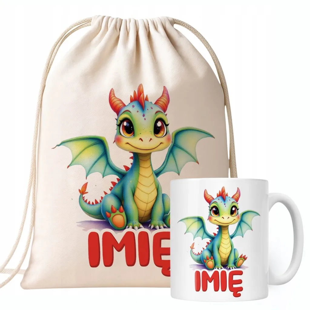 Zestaw personalizowany Kubek + Plecak Smok Zwierzak Słodki Prezent