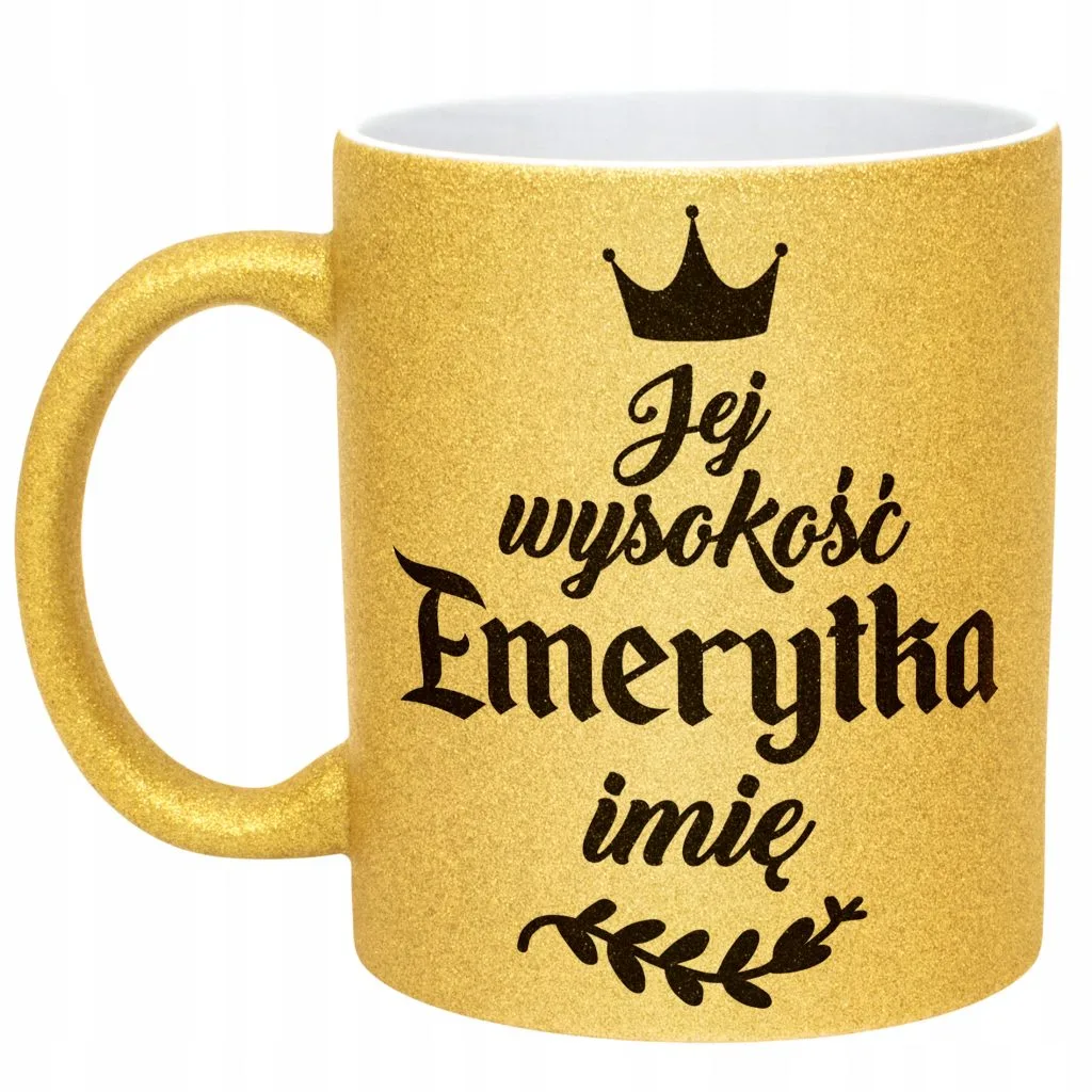Złoty kubek brokatowy personalizowany Emerytura Dla Emerytki Prezent
