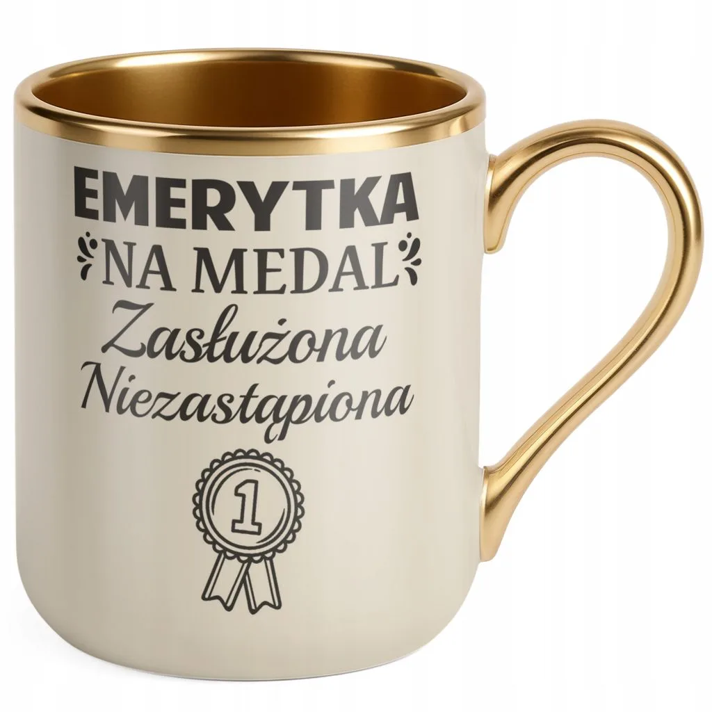 Kubek Premium Złoty Ecru Z okazji Emerytury Dla Emerytki Prezent