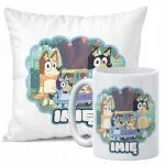 Zestaw Personalizowany Kubek + Poduszka 38×38 cm Dla Fanów Bajki Bluey
