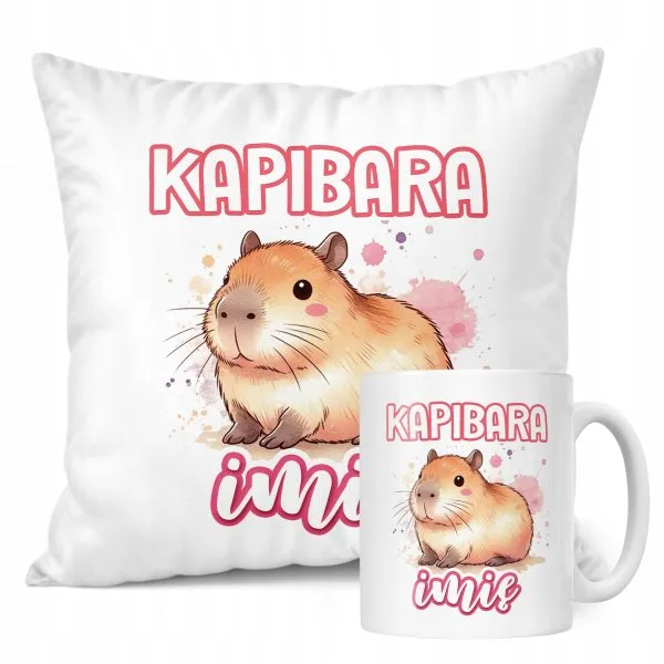 Zestaw personalizowany Kubek + Poduszka Kapibara Capybara Zwierzak Prezent