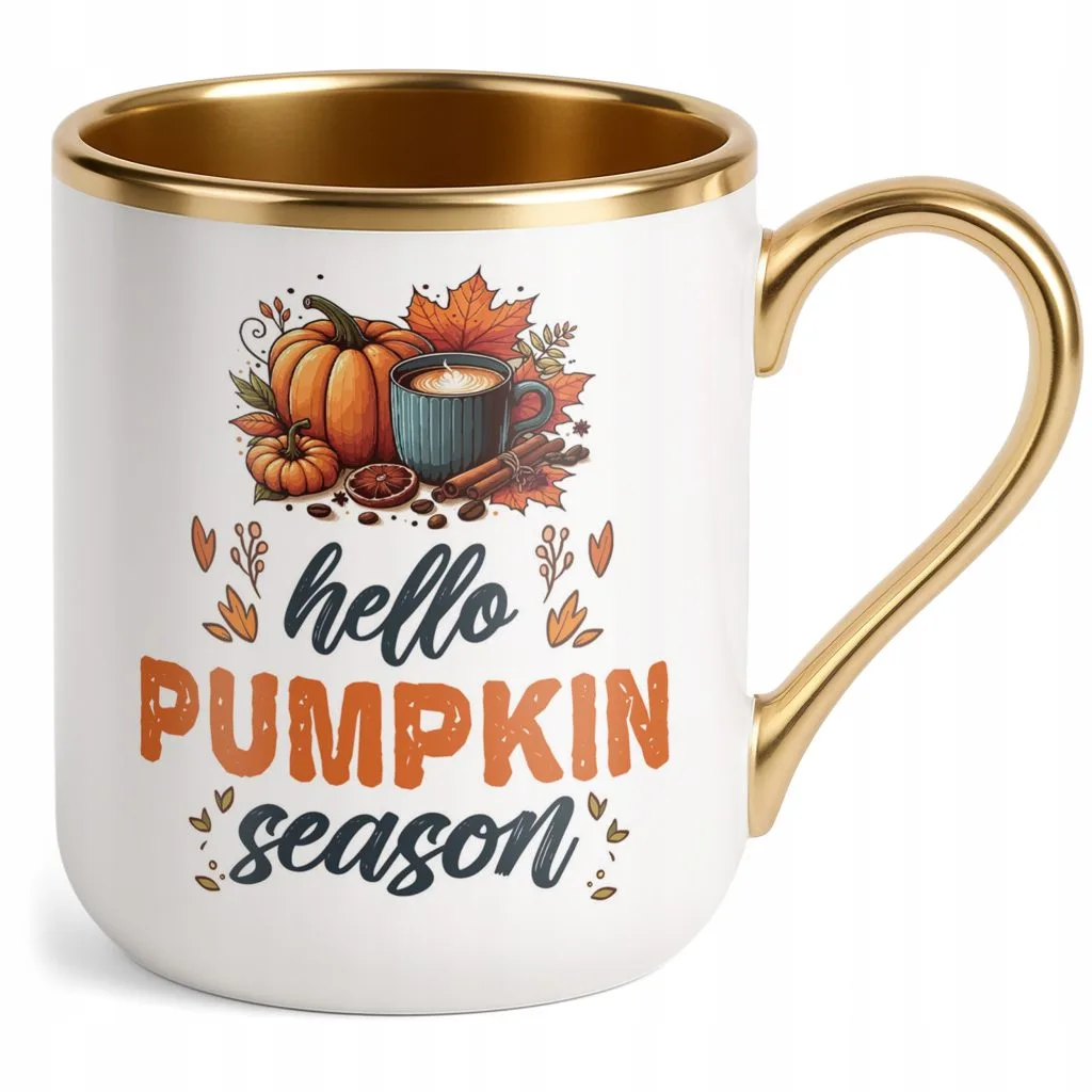 Kubek Premium Złoty Jesienny Jesień Hello Pumpkin Dynia Prezent