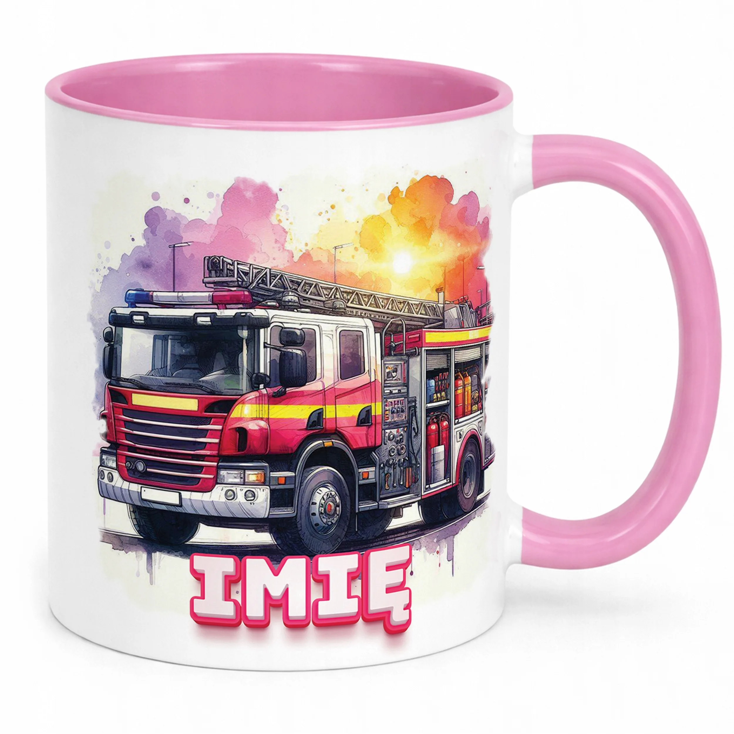 Kubek Różowy Personalizowany Dla Strażaka Wóz Strażacki Prezent