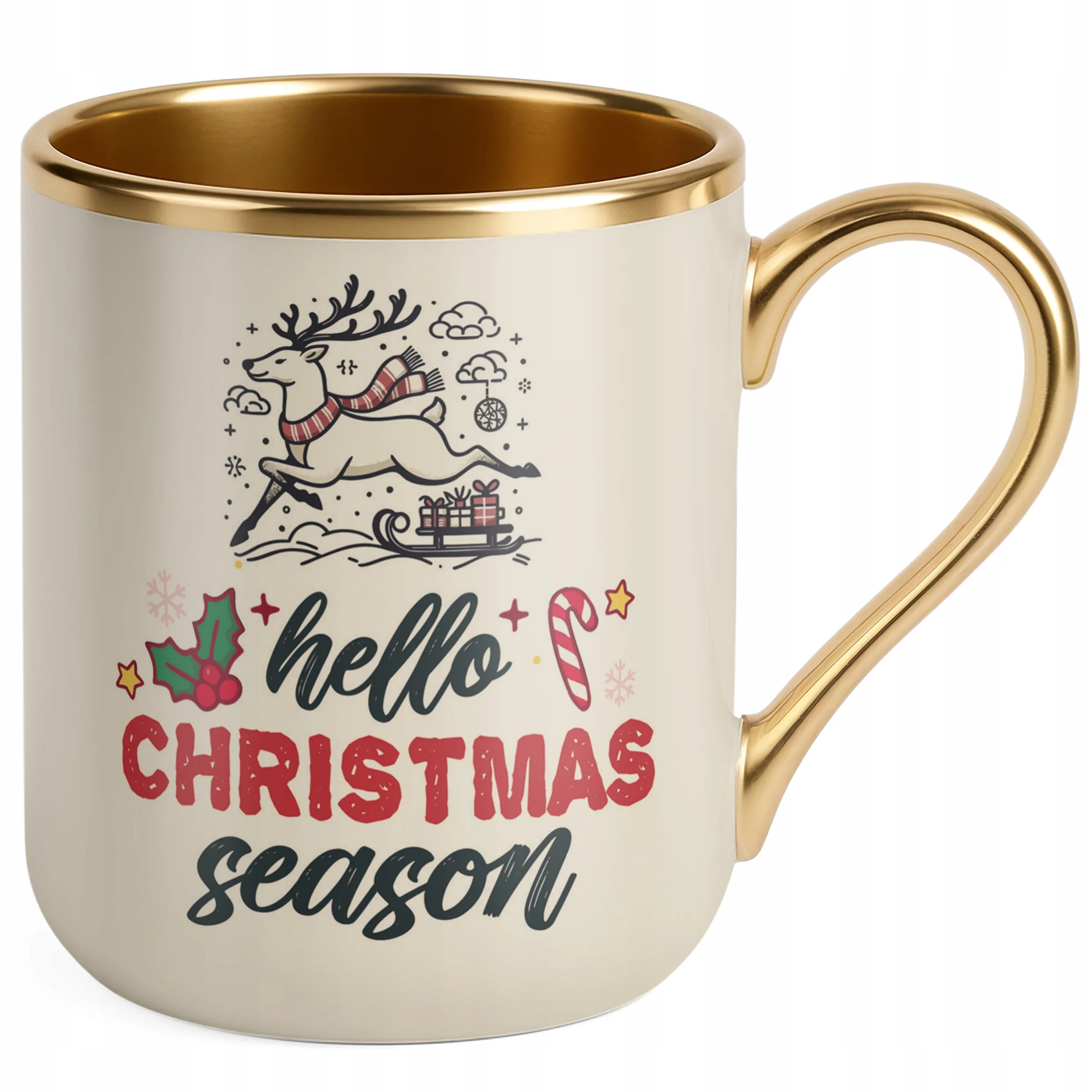 Kubek Premium Złoty Ecru Świąteczny Hello Christmas Boże Narodzenie