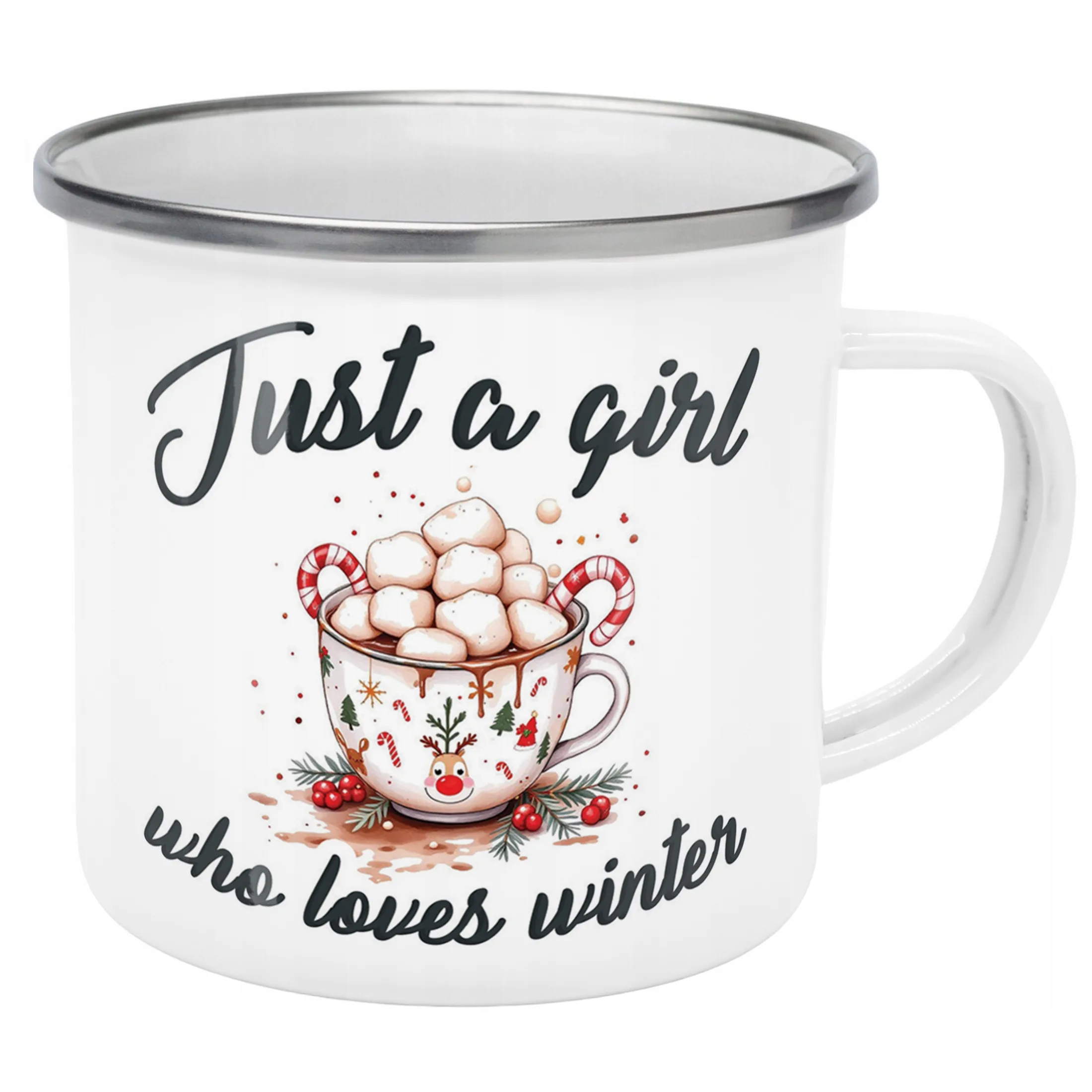 Emaliowany Kubek Garnuszek Świąteczny Just A Girl Who Loves Winter