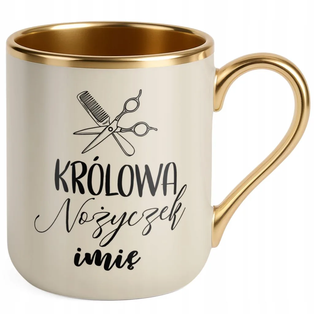 Kubek Premium Złoty Ecru Personalizowany Królowa Nożyczek Dla Fryzjerki
