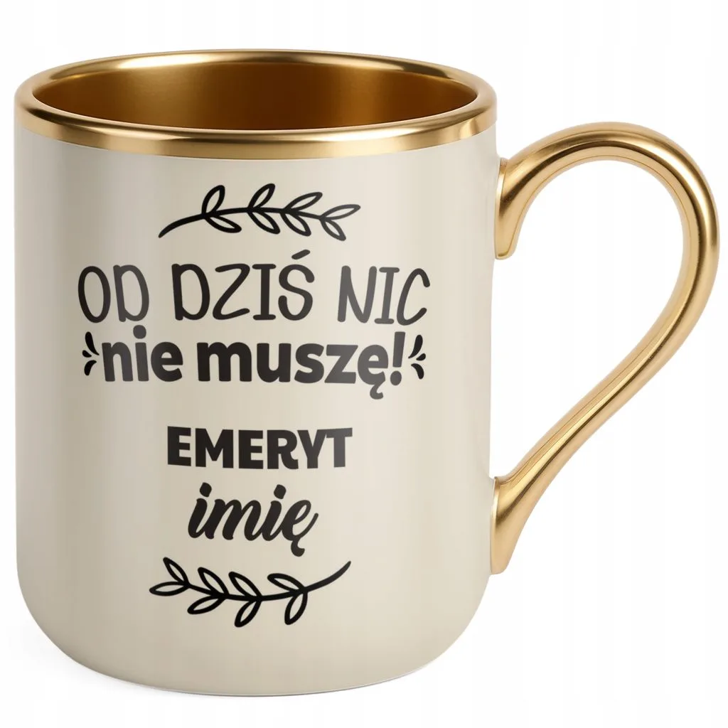 Kubek Premium Złoty Ecru Personalizowany z okazji Emerytury Dla Emeryta
