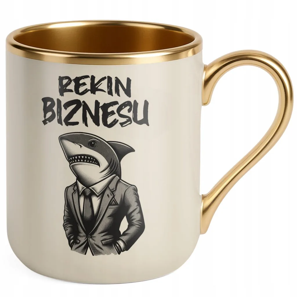 Kubek Premium Złoty Ecru Rekin Biznesu Prezent Praca Dla Rekina Biznesu