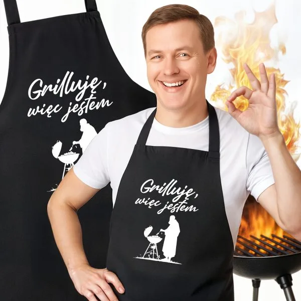 Bawełniany Czarny Fartuch Kuchenny Grilluję Więc Jestem Z Nadrukiem