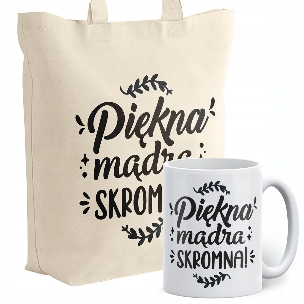 Zestaw Kubek + Torba Dzień Kobiet Prezent Upominek Piękna Mądra Skromna