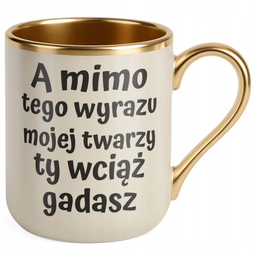 Kubek Premium Złoty Ecru A Mimo Tego Wyrazu Twarzy Ty Wciąż Gadasz Prezent
