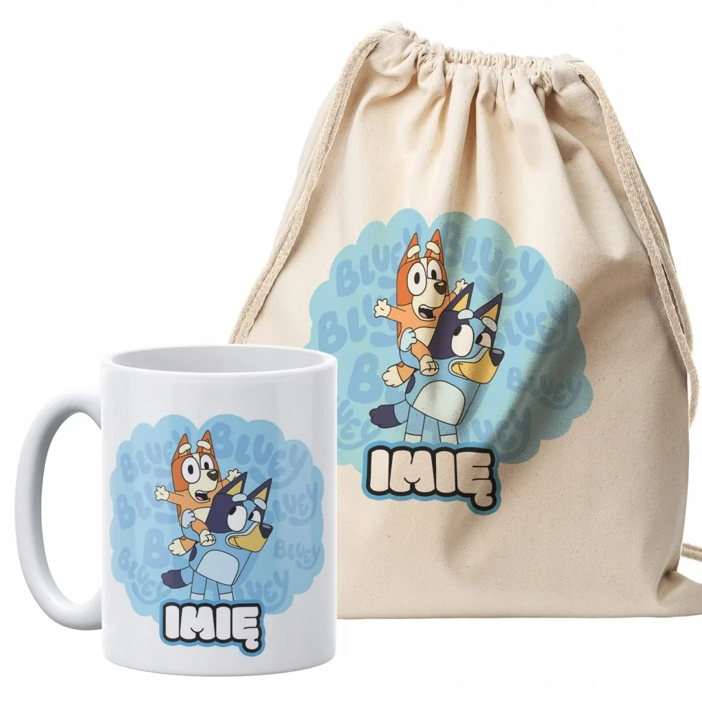 Zestaw personalizowany plecak bawełniany + kubek Bluey Bajka Dla Dzieci