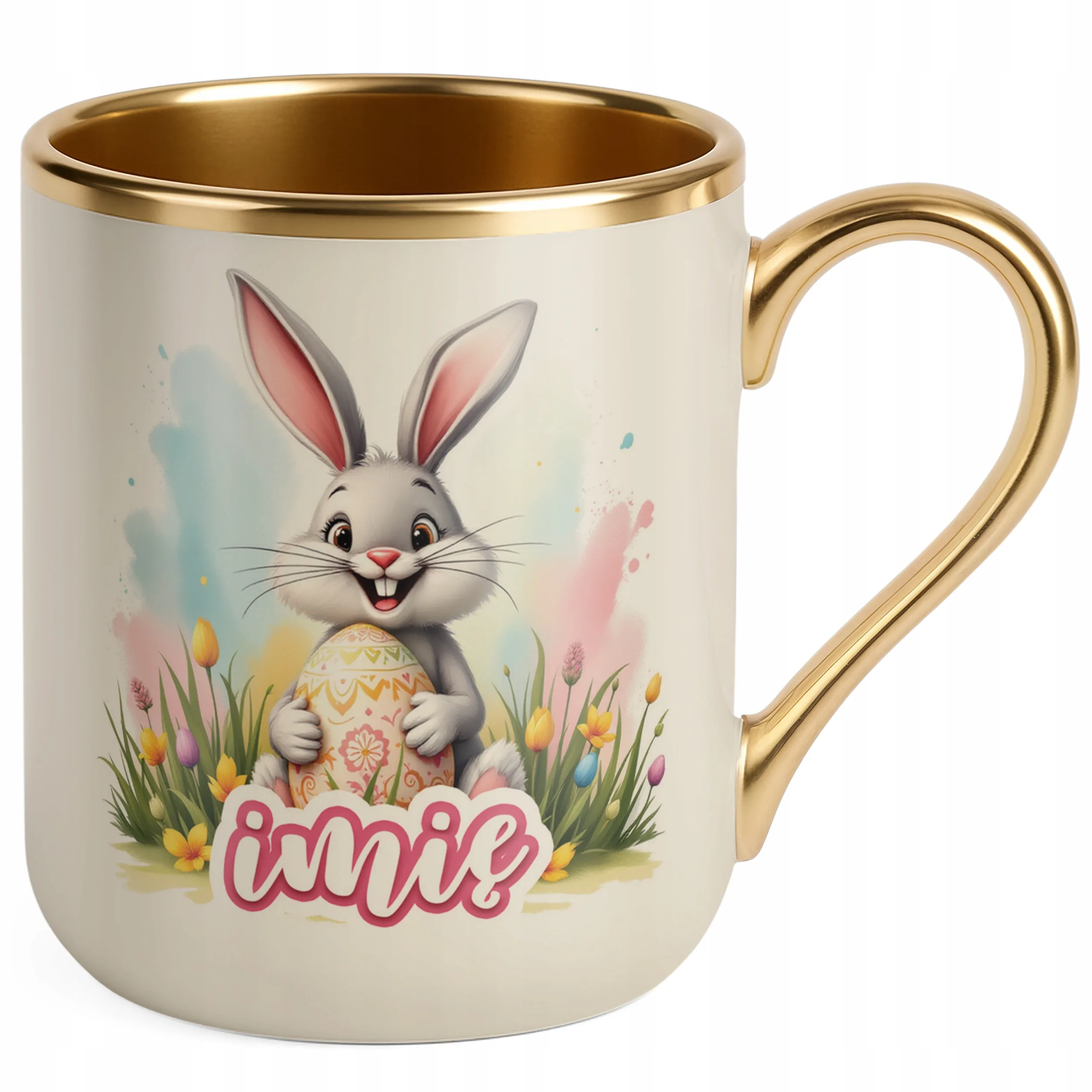 Kubek Premium Złoty Ecru Personalizowany Wielkanoc Prezent Zając Wiosna