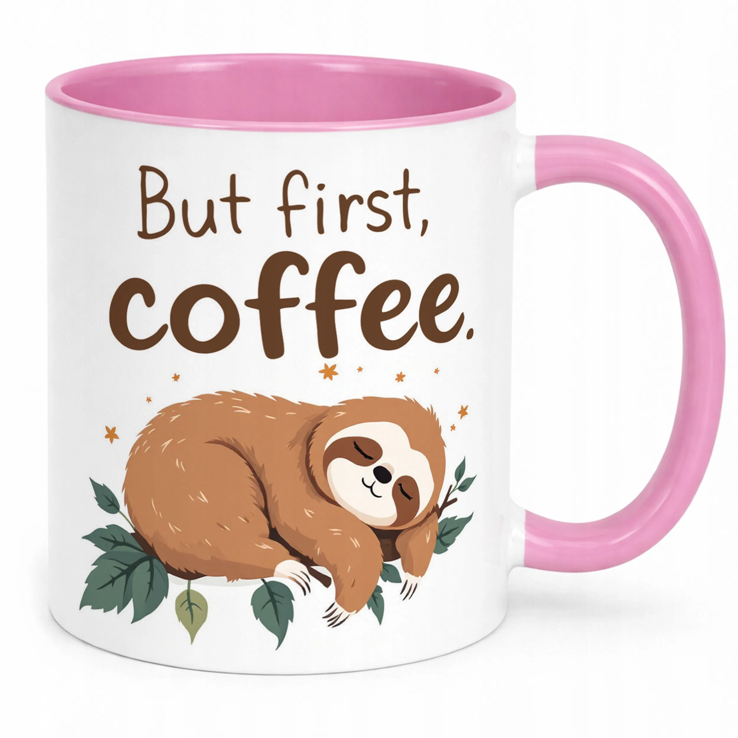 Kubek Różowy But First Coffee Kawa Leniwiec Zabawny Prezent