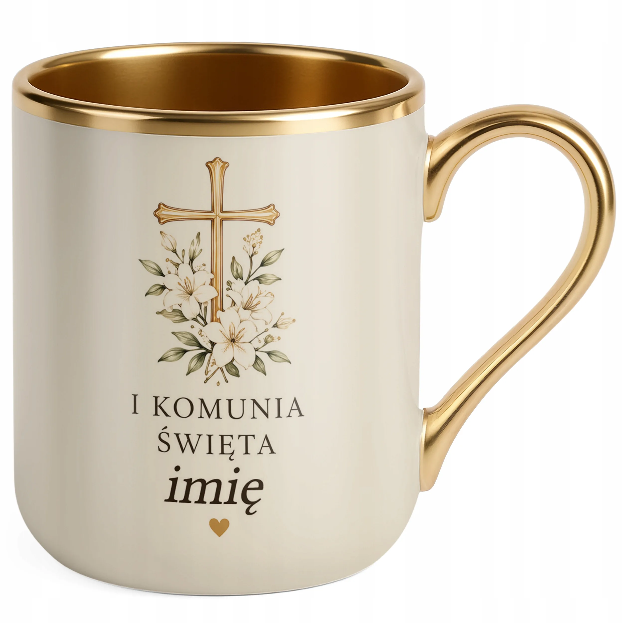 Kubek Premium złoty ecru z imieniem dziecka Pierwsza Komunia