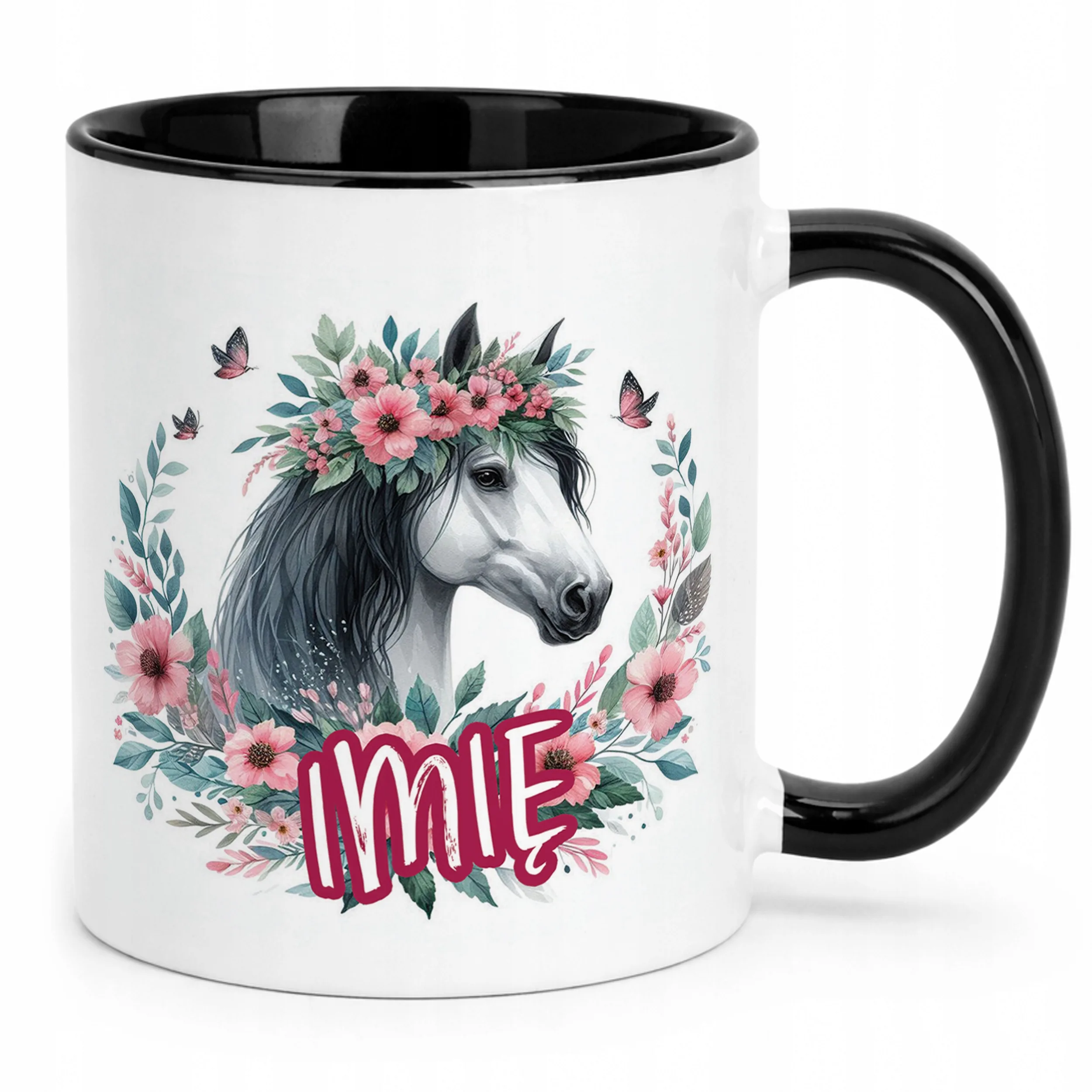 Kubek Czarny Personalizowany Z Koniem Koń Słodki Dla Dzieci Prezent