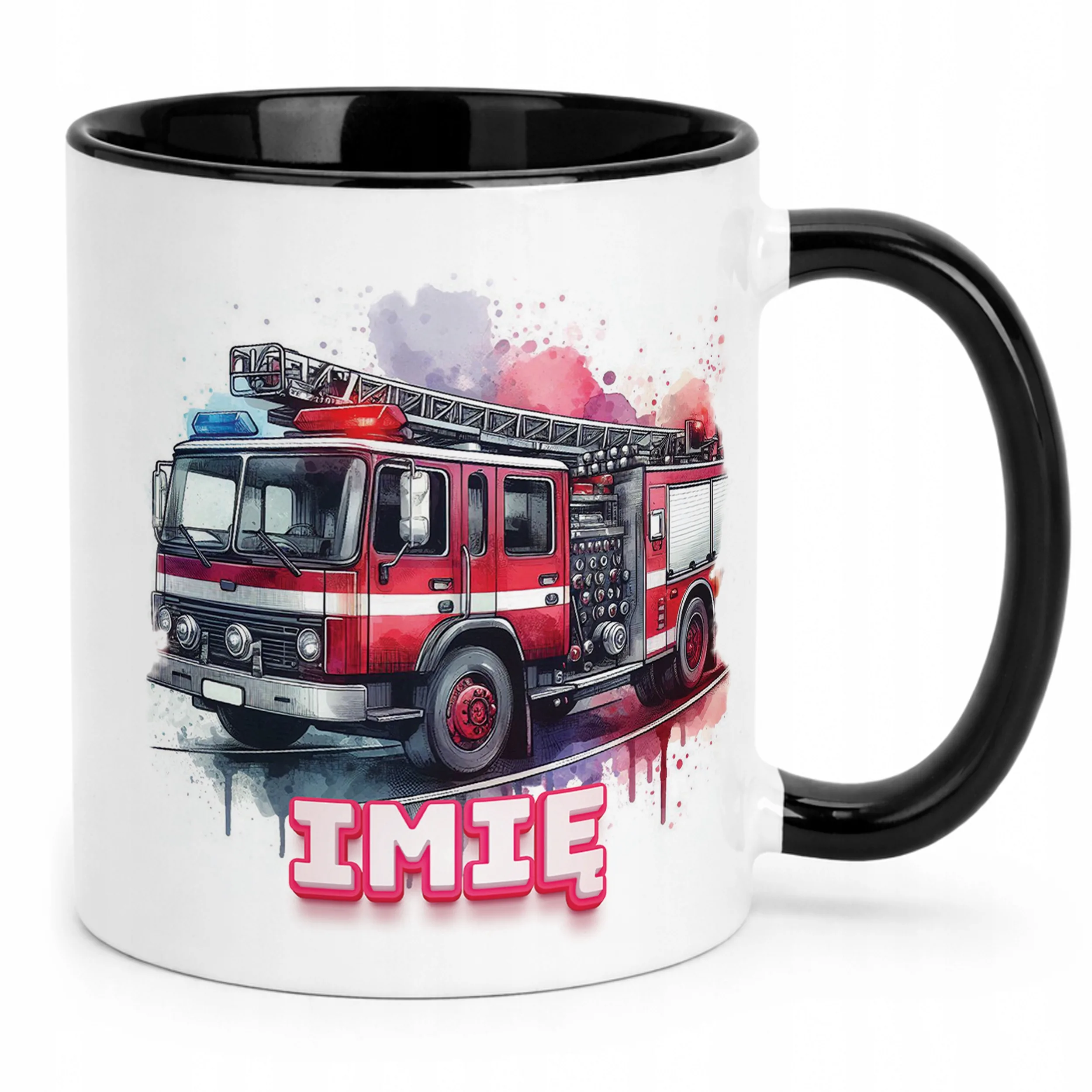 Kubek Czarny Personalizowany Dla Strażaka Wóz Strażacki Prezent