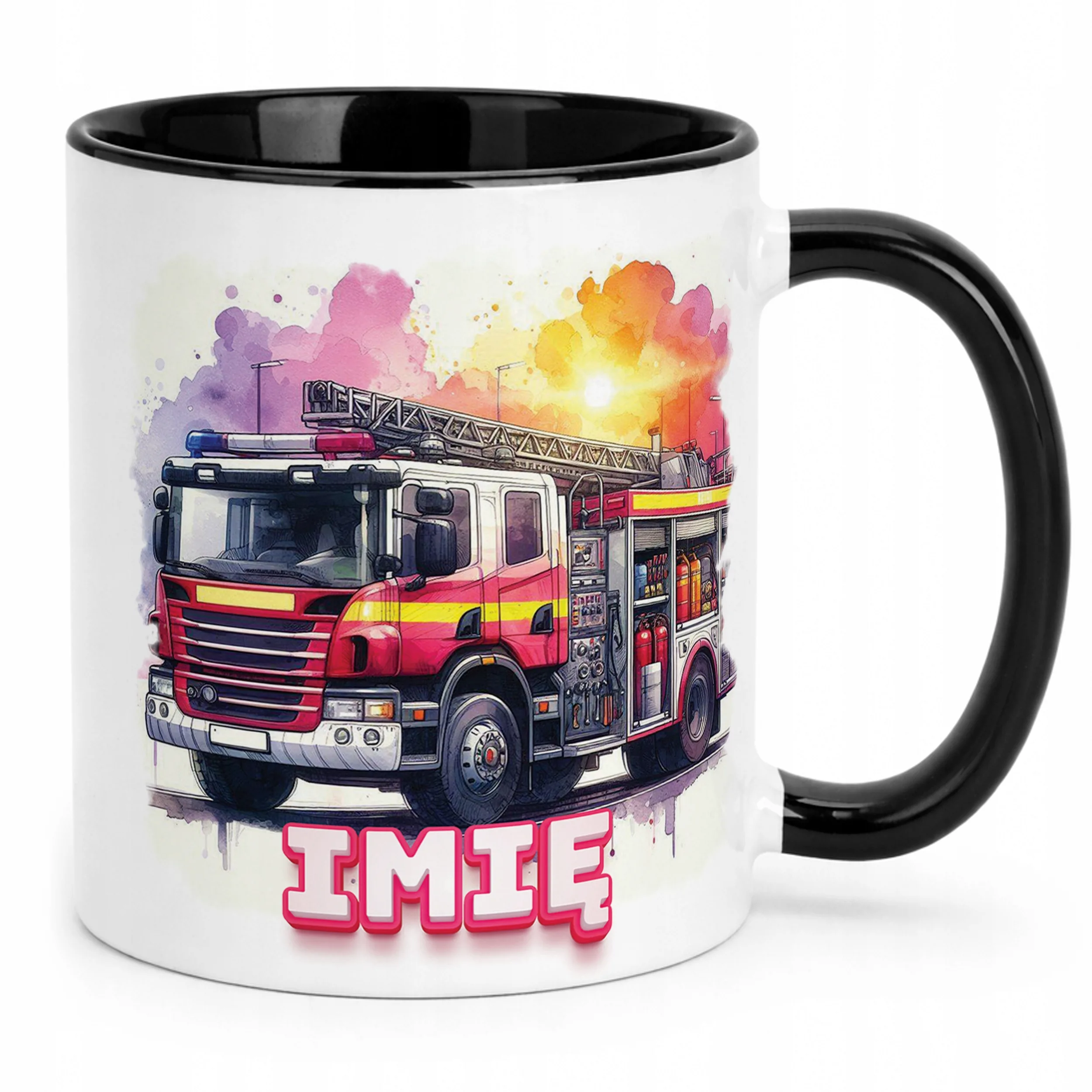 Kubek Czarny Personalizowany Dla Strażaka Wóz Strażacki Prezent