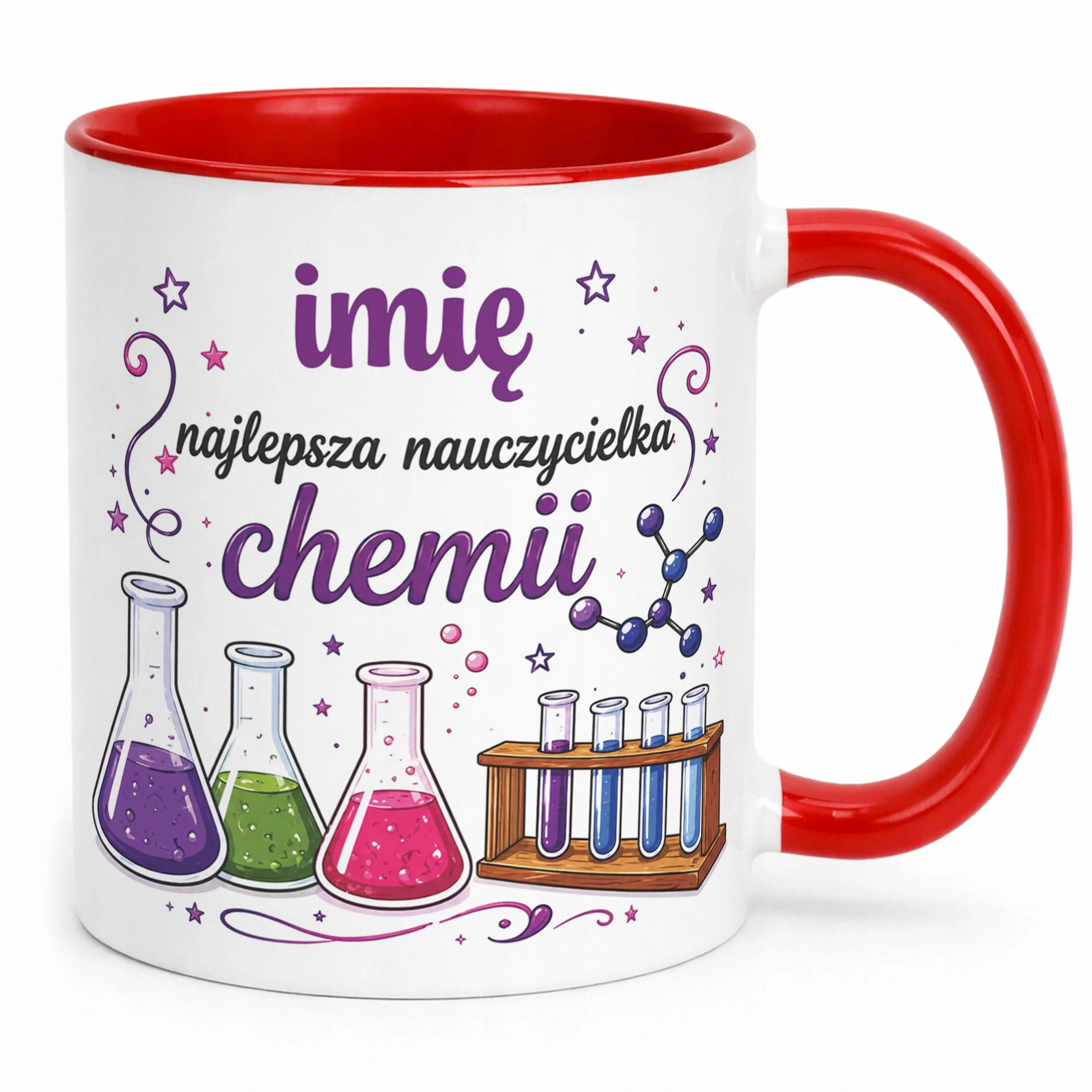Kubek Czerwony z Imieniem Dzień Nauczyciela Chemia Prezent