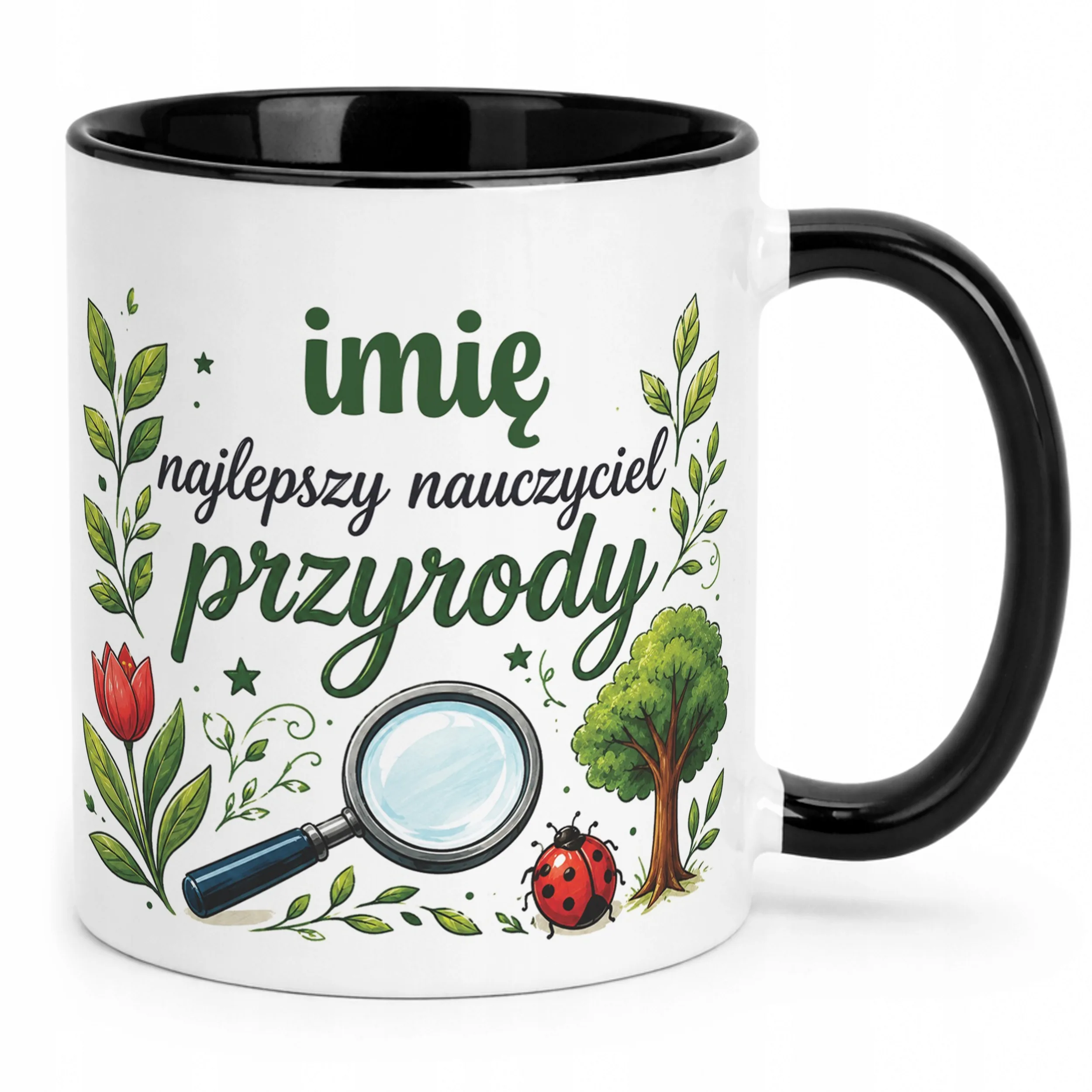Kubek Czarny z Imieniem Dzień Nauczyciela Przyroda Prezent