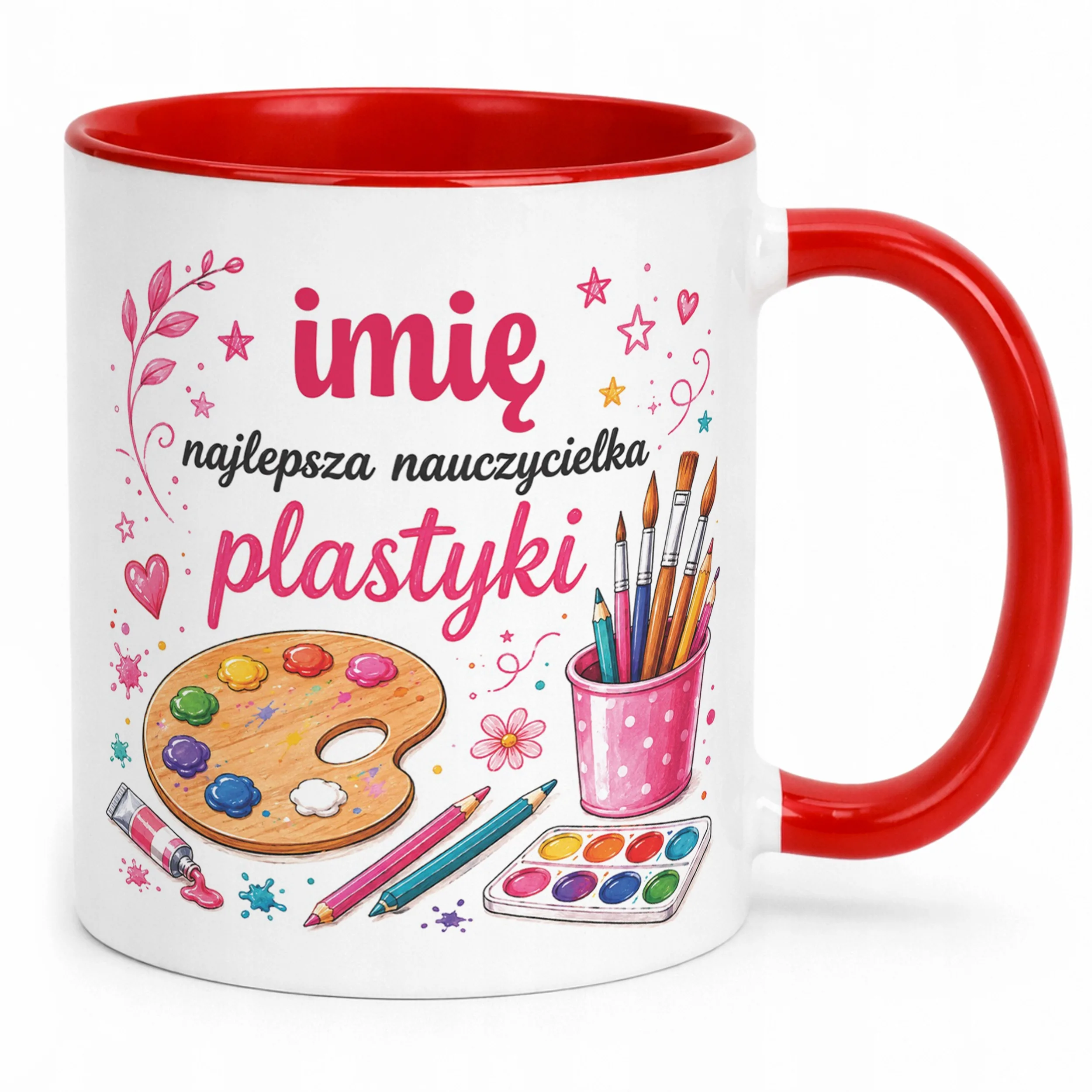 Kubek Czerwony z Imieniem Dzień Nauczyciela Plastyka Prezent