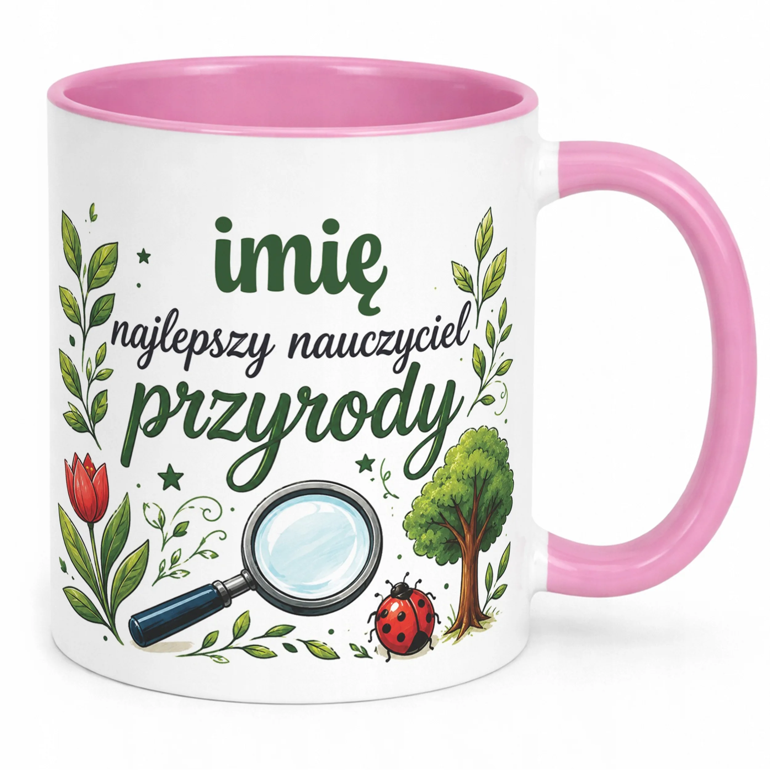Kubek Różowy z Imieniem Dzień Nauczyciela Przyroda Prezent
