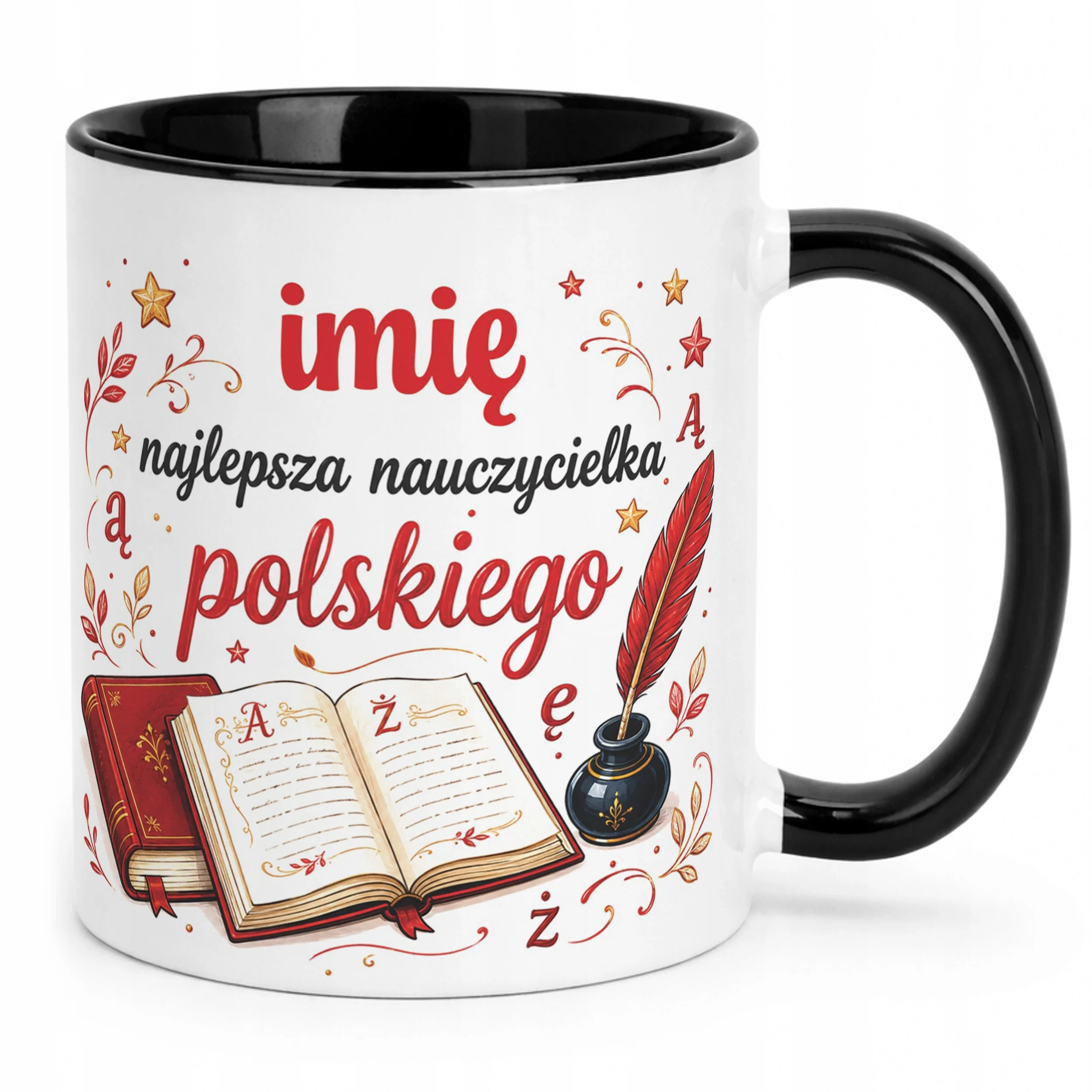 Kubek Czarny z Imieniem Dzień Nauczyciela Język Polski Prezent