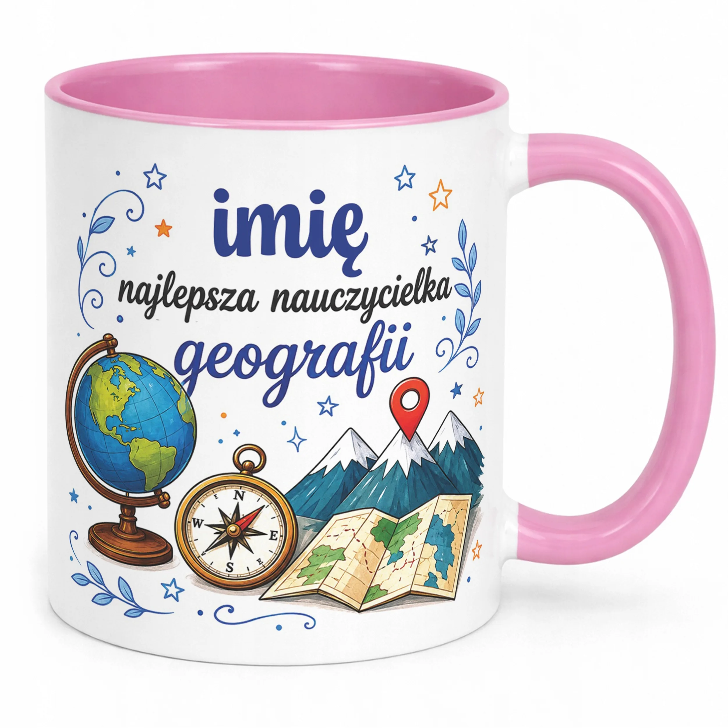 Kubek Różowy z Imieniem Dzień Nauczyciela Geografia Prezent
